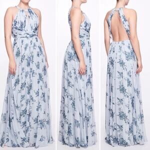 Marchesa Notte $395 Carrara Dusty Blue Bridesmaid Wedding Floral Gown sz 6 EUC